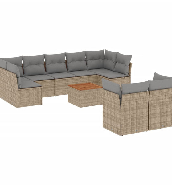 10-tlg. Garten-Sofagarnitur mit Kissen Beige Poly Rattan