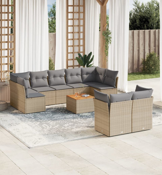 10-tlg. Garten-Sofagarnitur mit Kissen Beige Poly Rattan