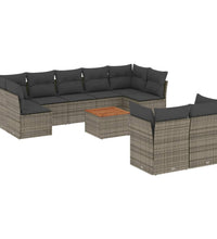 10-tlg. Garten-Sofagarnitur mit Kissen Grau Poly Rattan