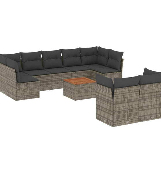 10-tlg. Garten-Sofagarnitur mit Kissen Grau Poly Rattan