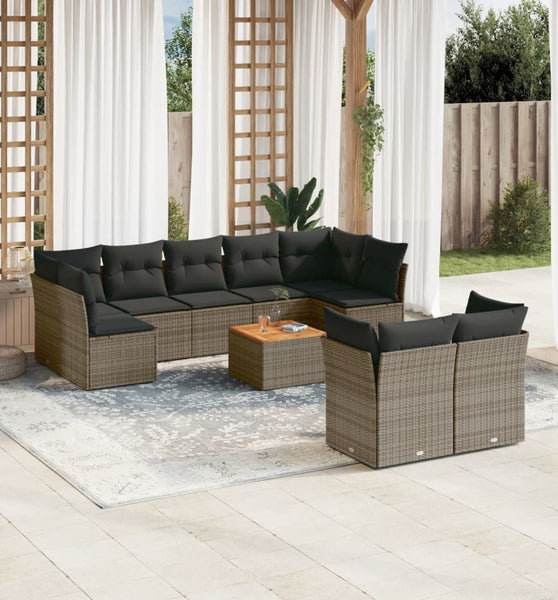 10-tlg. Garten-Sofagarnitur mit Kissen Grau Poly Rattan
