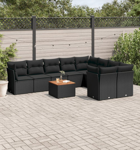10-tlg. Garten-Sofagarnitur mit Kissen Schwarz Poly Rattan