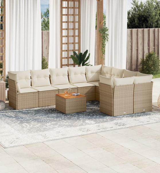 10-tlg. Garten-Sofagarnitur mit Kissen Beige Poly Rattan