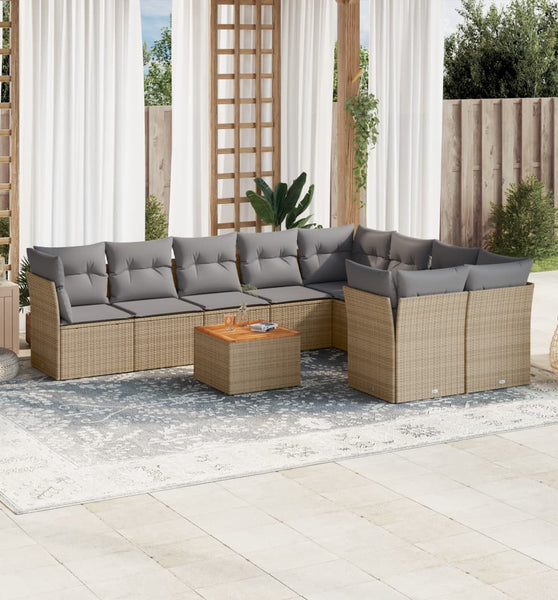 10-tlg. Garten-Sofagarnitur mit Kissen Beige Poly Rattan