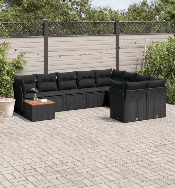 10-tlg. Garten-Sofagarnitur mit Kissen Schwarz Poly Rattan