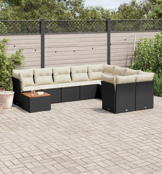 10-tlg. Garten-Sofagarnitur mit Kissen Schwarz Poly Rattan