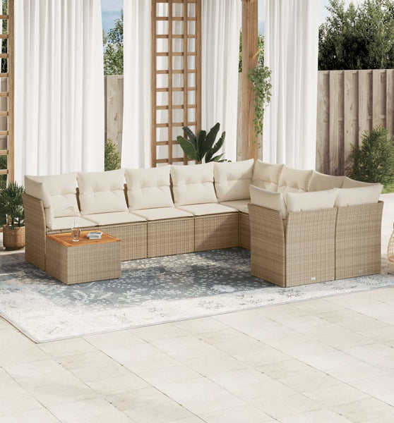 10-tlg. Garten-Sofagarnitur mit Kissen Beige Poly Rattan