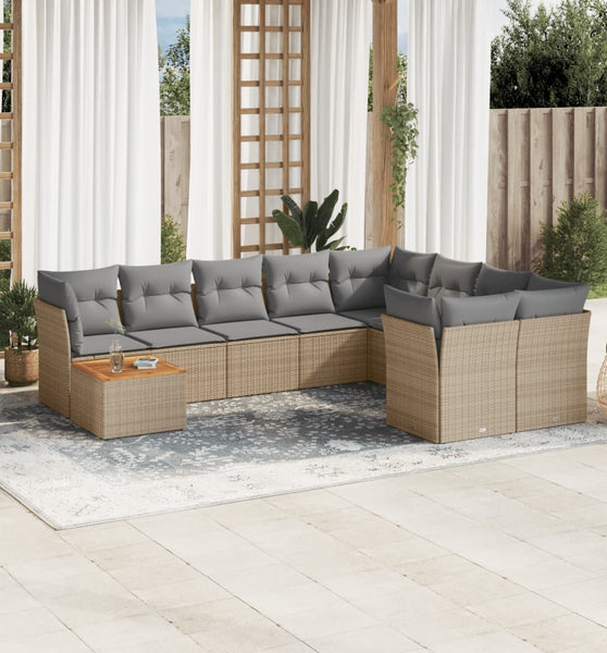 10-tlg. Garten-Sofagarnitur mit Kissen Beige Poly Rattan