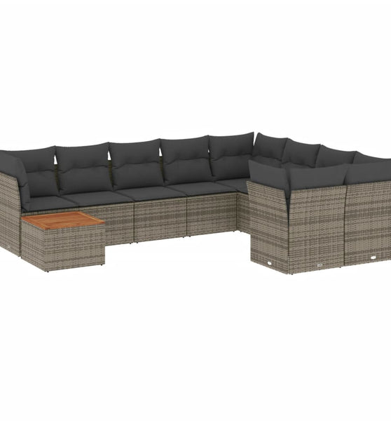 10-tlg. Garten-Sofagarnitur mit Kissen Grau Poly Rattan