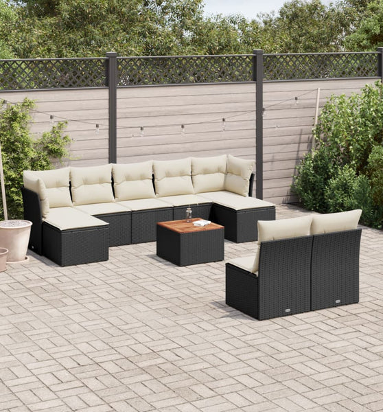 10-tlg. Garten-Sofagarnitur mit Kissen Schwarz Poly Rattan