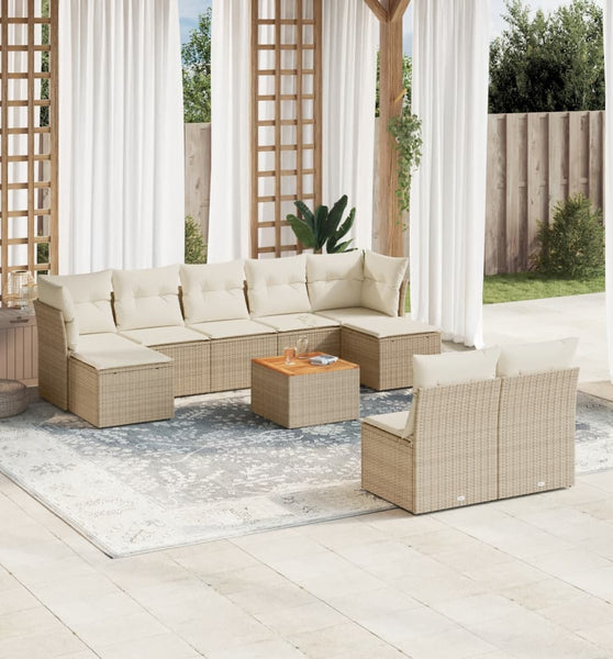 10-tlg. Garten-Sofagarnitur mit Kissen Beige Poly Rattan