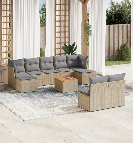 10-tlg. Garten-Sofagarnitur mit Kissen Beige Poly Rattan