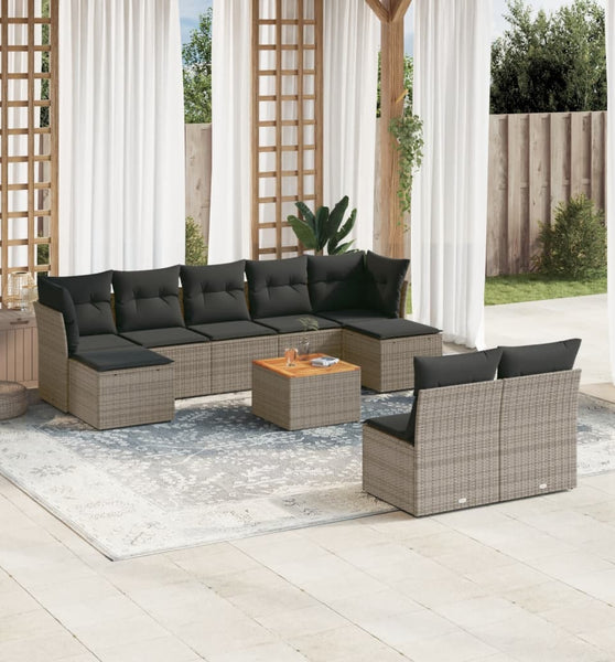 10-tlg. Garten-Sofagarnitur mit Kissen Grau Poly Rattan