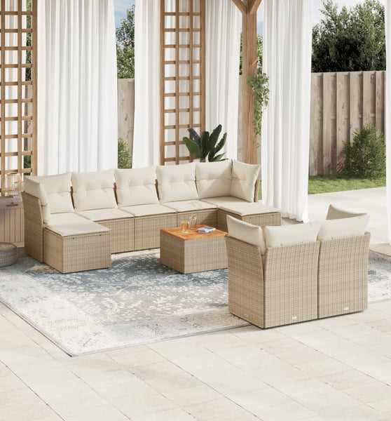 10-tlg. Garten-Sofagarnitur mit Kissen Beige Poly Rattan