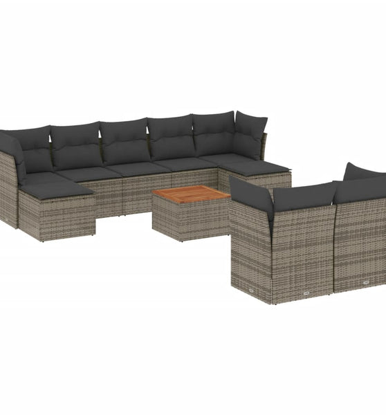 10-tlg. Garten-Sofagarnitur mit Kissen Grau Poly Rattan