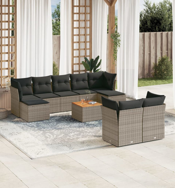 10-tlg. Garten-Sofagarnitur mit Kissen Grau Poly Rattan