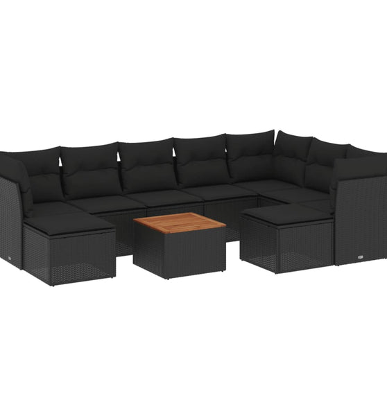 10-tlg. Garten-Sofagarnitur mit Kissen Schwarz Poly Rattan