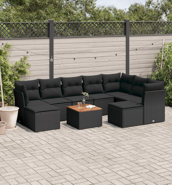 10-tlg. Garten-Sofagarnitur mit Kissen Schwarz Poly Rattan