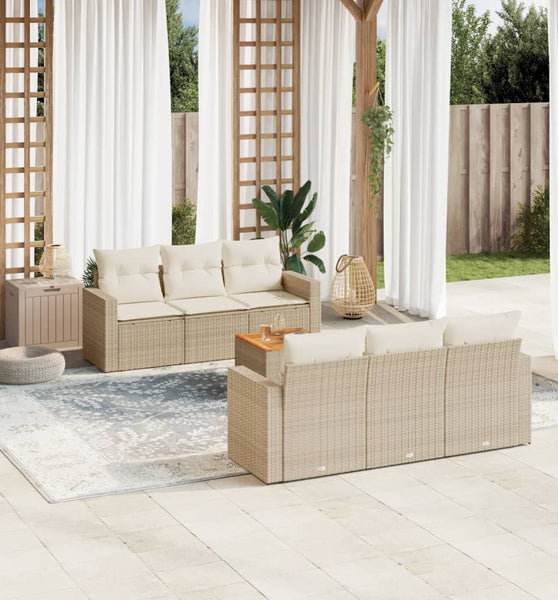 7-tlg. Garten-Sofagarnitur mit Kissen Beige Poly Rattan
