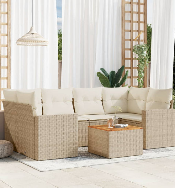 7-tlg. Garten-Sofagarnitur mit Kissen Beige Poly Rattan