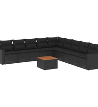 10-tlg. Garten-Sofagarnitur mit Kissen Schwarz Poly Rattan