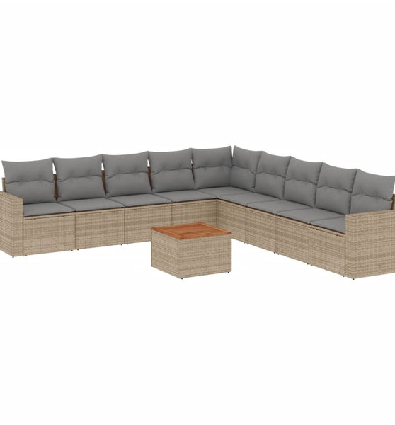 10-tlg. Garten-Sofagarnitur mit Kissen Beige Poly Rattan