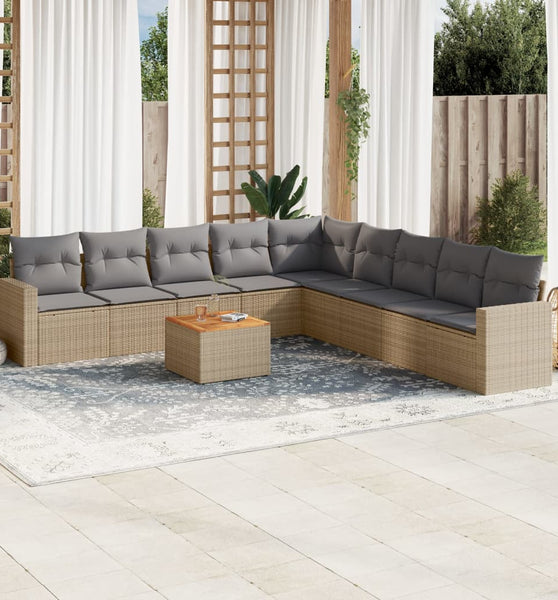 10-tlg. Garten-Sofagarnitur mit Kissen Beige Poly Rattan