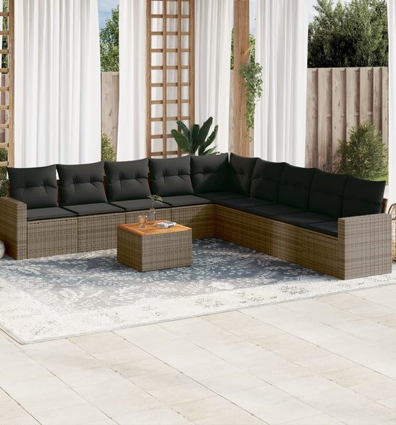 10-tlg. Garten-Sofagarnitur mit Kissen Grau Poly Rattan