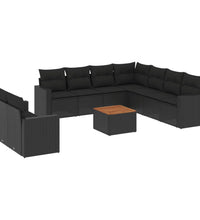 10-tlg. Garten-Sofagarnitur mit Kissen Schwarz Poly Rattan