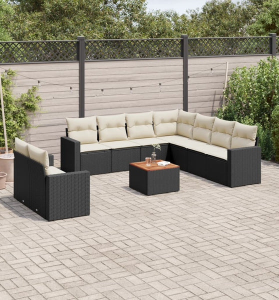10-tlg. Garten-Sofagarnitur mit Kissen Schwarz Poly Rattan
