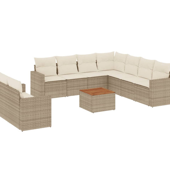 10-tlg. Garten-Sofagarnitur mit Kissen Beige Poly Rattan