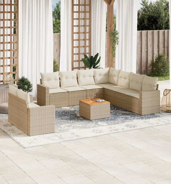 10-tlg. Garten-Sofagarnitur mit Kissen Beige Poly Rattan