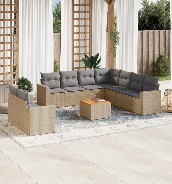 10-tlg. Garten-Sofagarnitur mit Kissen Beige Poly Rattan