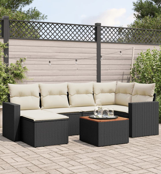 7-tlg. Garten-Sofagarnitur mit Kissen Schwarz Poly Rattan