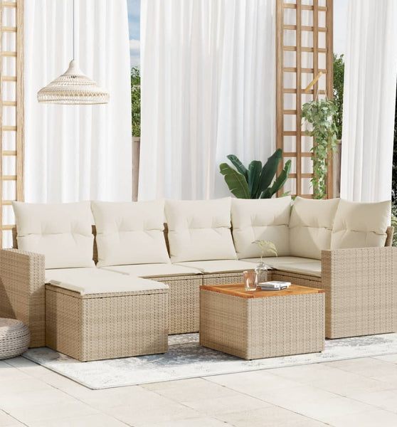 7-tlg. Garten-Sofagarnitur mit Kissen Beige Poly Rattan