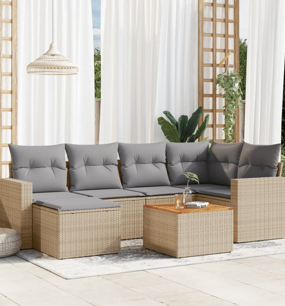 7-tlg. Garten-Sofagarnitur mit Kissen Beige Poly Rattan