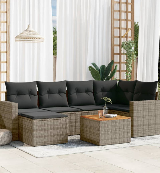 7-tlg. Garten-Sofagarnitur mit Kissen Grau Poly Rattan