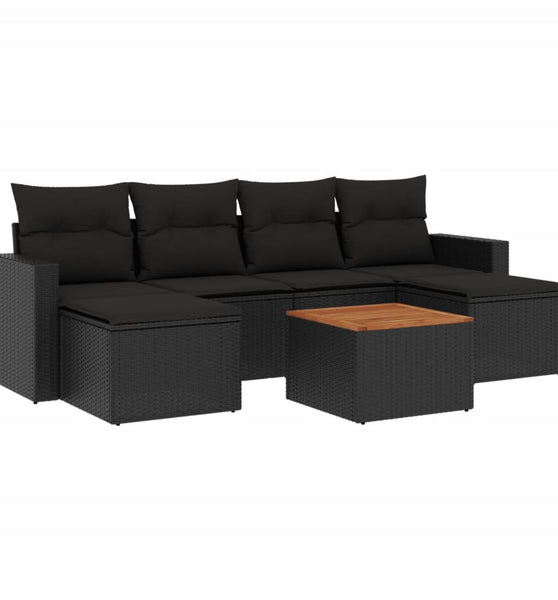 7-tlg. Garten-Sofagarnitur mit Kissen Schwarz Poly Rattan