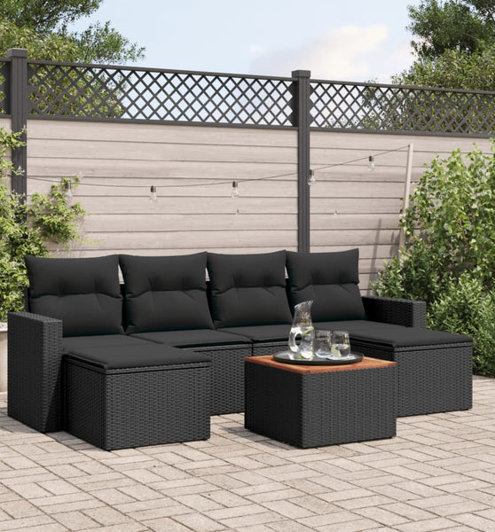 7-tlg. Garten-Sofagarnitur mit Kissen Schwarz Poly Rattan