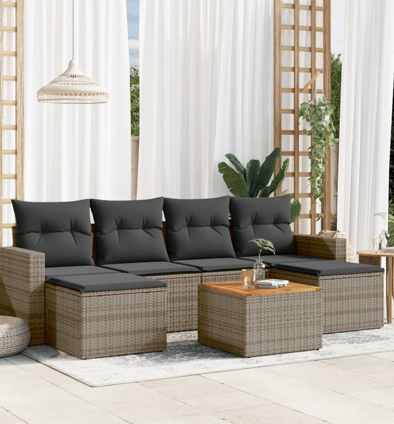 7-tlg. Garten-Sofagarnitur mit Kissen Grau Poly Rattan