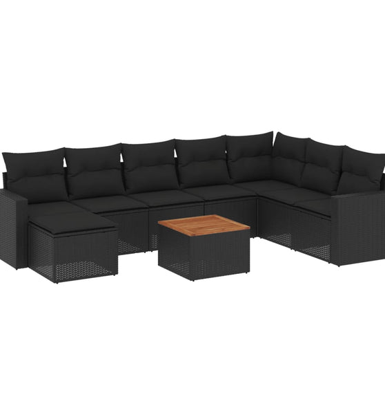 9-tlg. Garten-Sofagarnitur mit Kissen Schwarz Poly Rattan