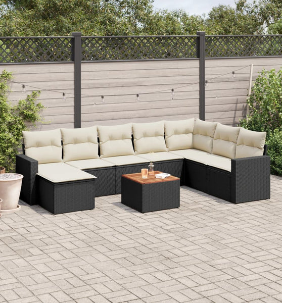 9-tlg. Garten-Sofagarnitur mit Kissen Schwarz Poly Rattan