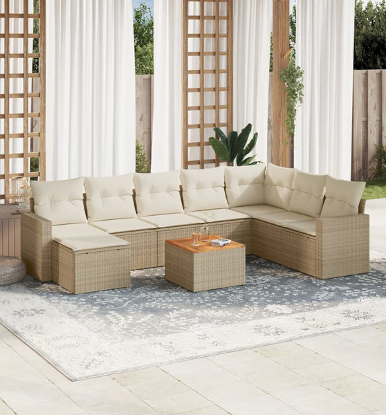 9-tlg. Garten-Sofagarnitur mit Kissen Beige Poly Rattan