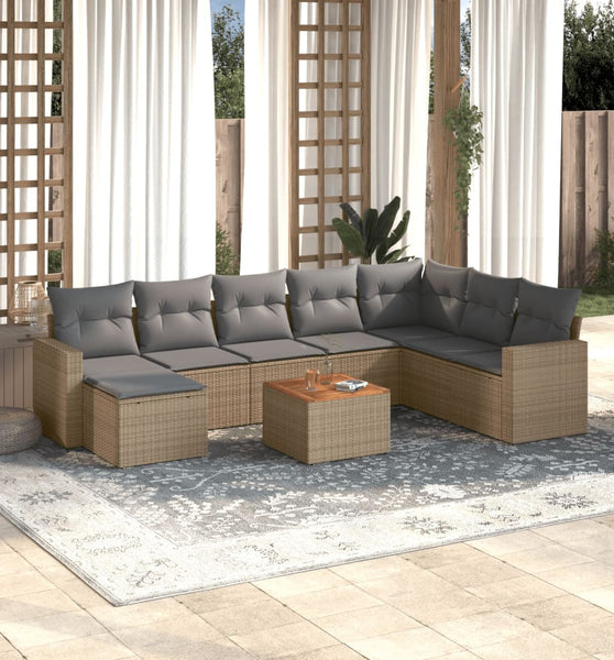 9-tlg. Garten-Sofagarnitur mit Kissen Beige Poly Rattan