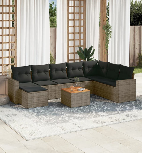 9-tlg. Garten-Sofagarnitur mit Kissen Grau Poly Rattan