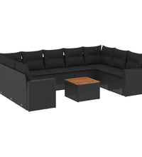 10-tlg. Garten-Sofagarnitur mit Kissen Schwarz Poly Rattan