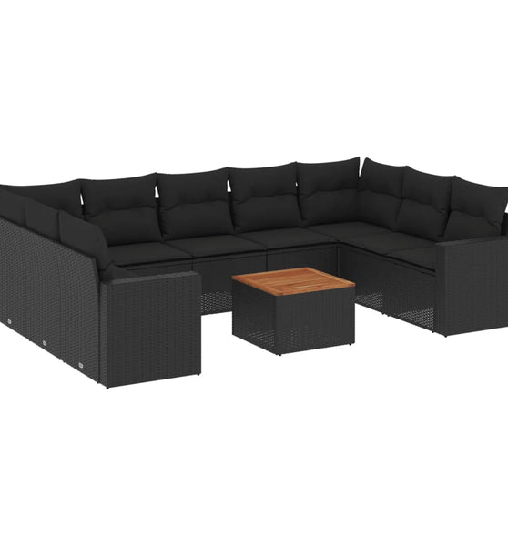 10-tlg. Garten-Sofagarnitur mit Kissen Schwarz Poly Rattan