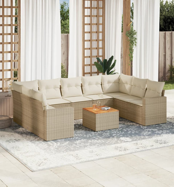 10-tlg. Garten-Sofagarnitur mit Kissen Beige Poly Rattan