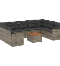10-tlg. Garten-Sofagarnitur mit Kissen Grau Poly Rattan