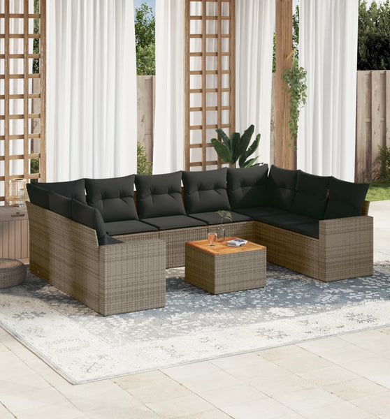 10-tlg. Garten-Sofagarnitur mit Kissen Grau Poly Rattan